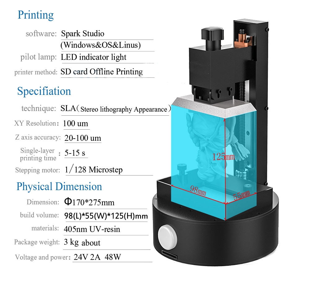 Sparkmaker Light-Curing Desktop UV Resin SLA 3D Printer 98*55*125mm Build Volume Support Off-line Print 6