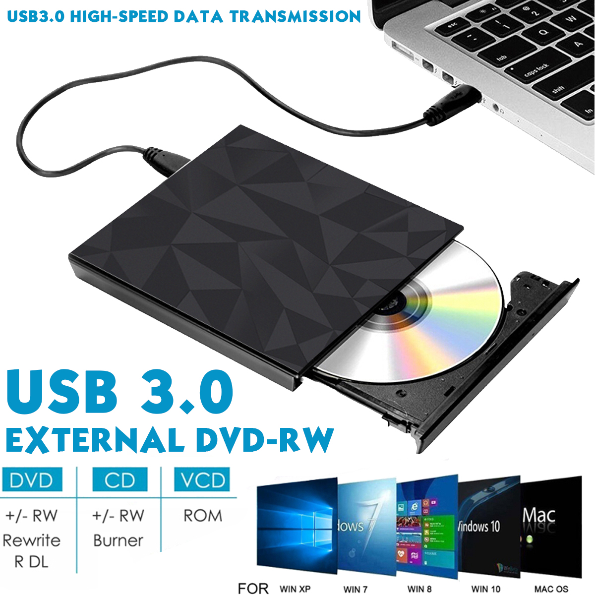 Mechzone Portable USB3.0 Type-C Optical Drives Black Tray Type External DVD-RW Max.24X High-speed Data Transmission for Win XP Win 7 Win 8 Win 10 Mac