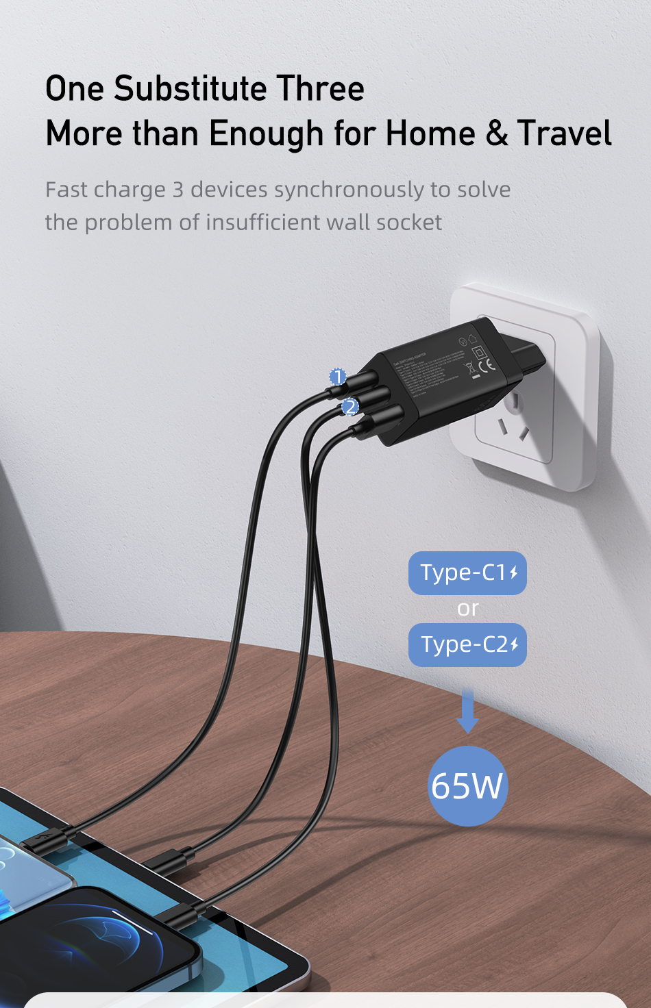 Awei PD9 EU 3-Ports 65W GaN Quick Fast Charge Power Adapter for Mobile Phone Computer