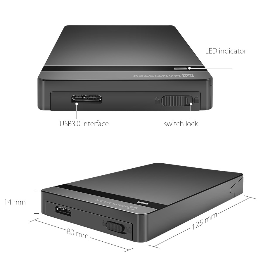 MantisTek® Mbox2.5 USB 3.0 SATA III HDD SSD Hard Drive Enclosure External Case Support UASP 78