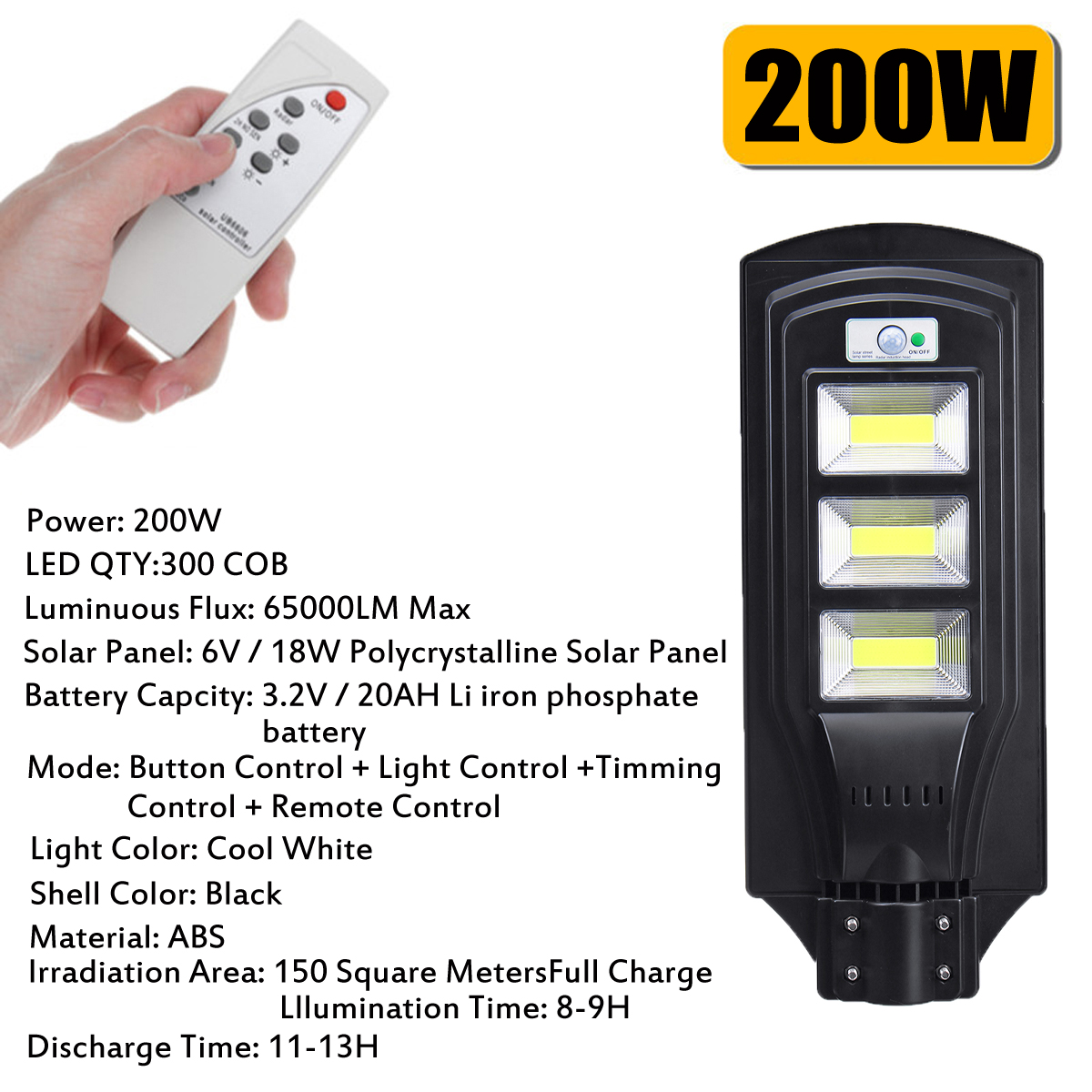 100/200/300COB LED Solar Street Light PIR Motion Sensor Outdoor Wall Lamp+Remote Control