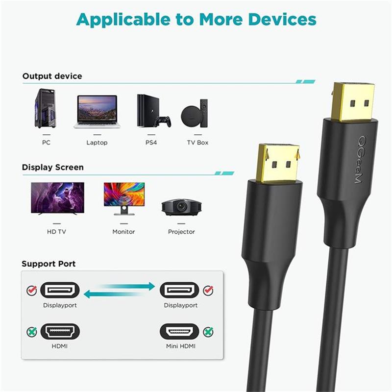QGeeM DP to DP High-speed Cable Supports 4K@60Hz and 2K@144Hz Compatible with PC Notebook TV