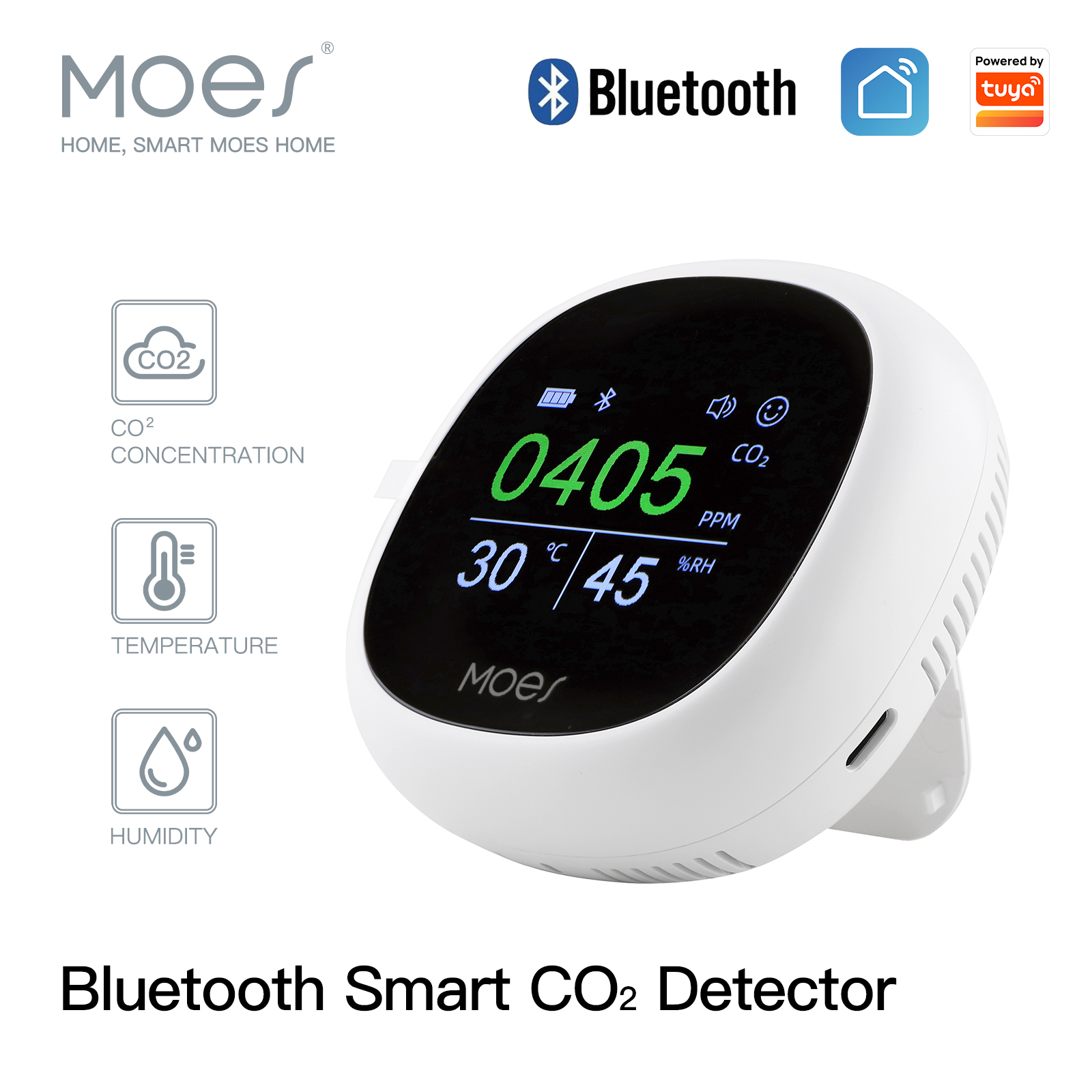 MoesHouse Tuya bluetooth 3 in 1 Multi-functional Air Monitor Temperature Humidity Carbon Dioxide Sensor with Alarm Clock for Home Safety Precaution Device