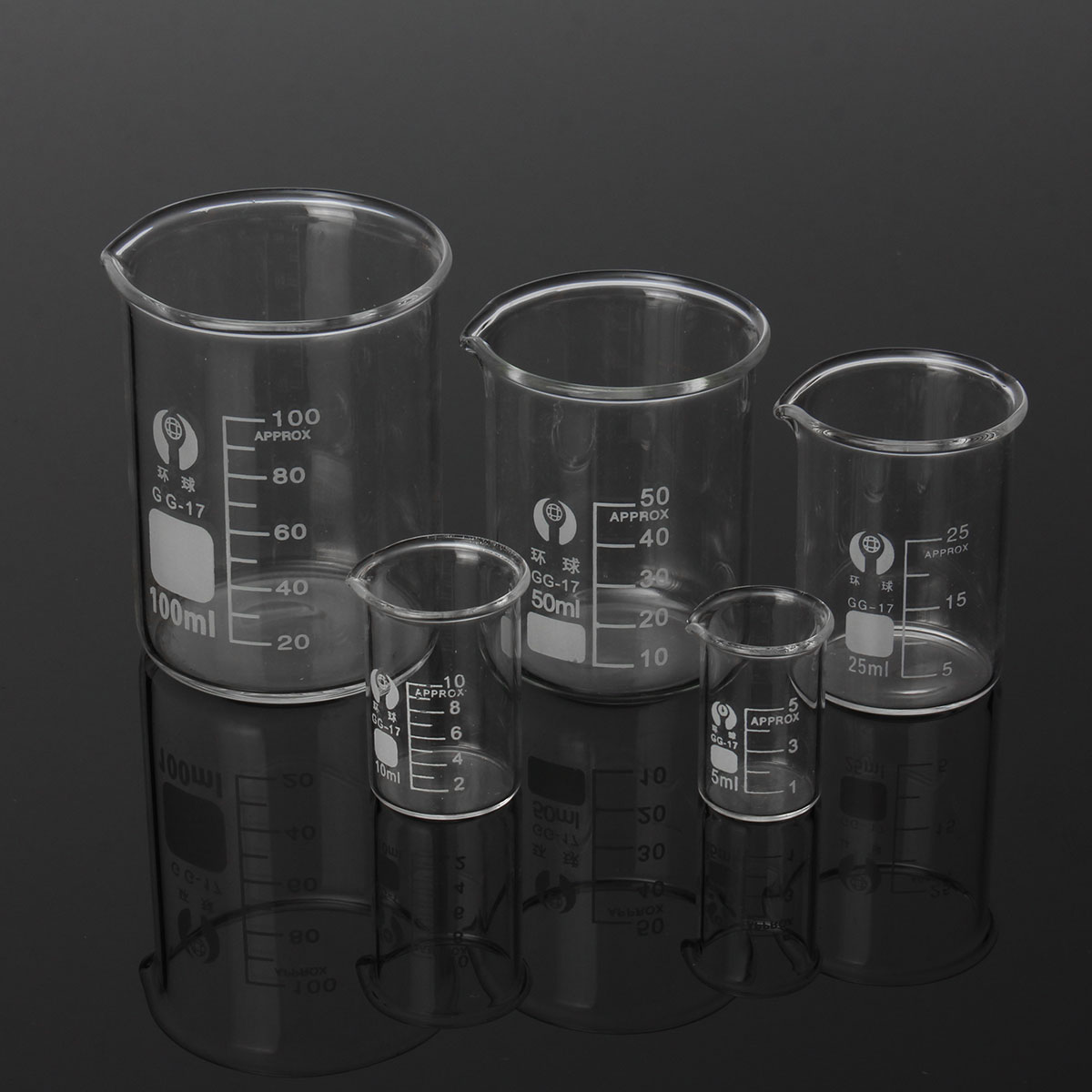 5Pcs 5ml 10ml 25ml 50ml 100ml Beaker Set Graduated Borosilicate Glass Beaker Volumetric Measuring Laboratory Glassware 11