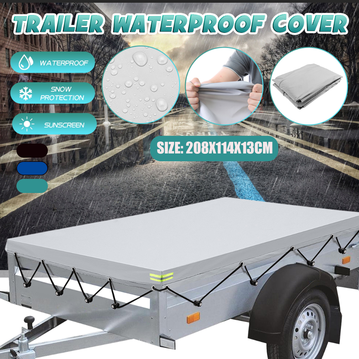 Trailer Cover Waterproof Windproof Dust Protector With Rubber Belt 208x114x13cm