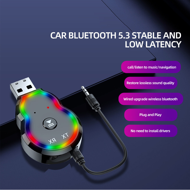 Wireless bluetooth 5.3 Receiver with LED Lamp bluetooth Car Music Adapter 3.5mm Aux Cable Receiver Transmitter Audio Connector