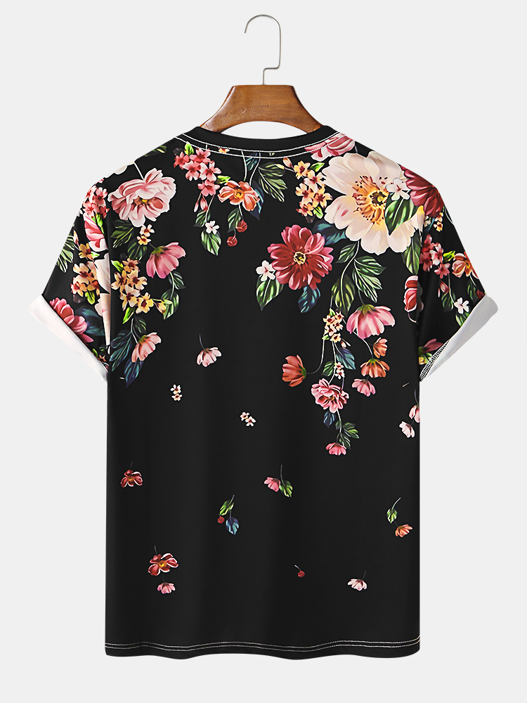 Mens floral impressão gola manga curta casual balck camisetas