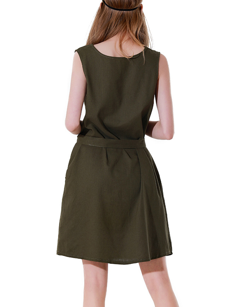Women Casual Sleeveless O-neck Solid Color Dress with Belt