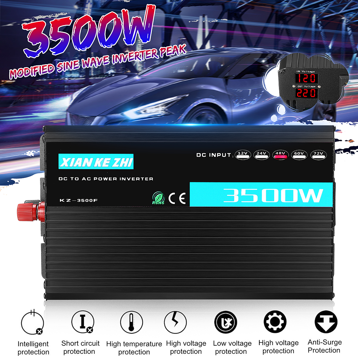 Dual Display Intelligent 3500W Modified Power Inverter 12/24/48/60/72V TO 220V LED Display Power Converter Multi Protaction