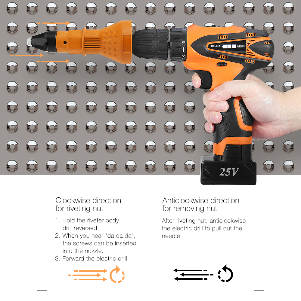HILDA Electric Rivet Nut Gun Cordless Riveting Drill Adapter Insert Nut Tool with Handle Orange