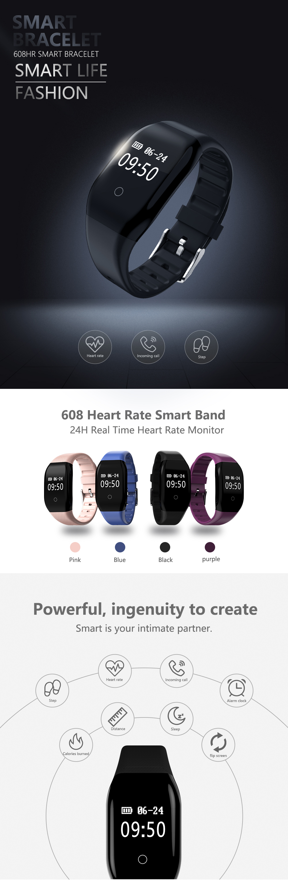 608HR OLED Heart Rate Sleep Monitor  IP67 Waterproof Smart Watch Bracelet Pedometer 
