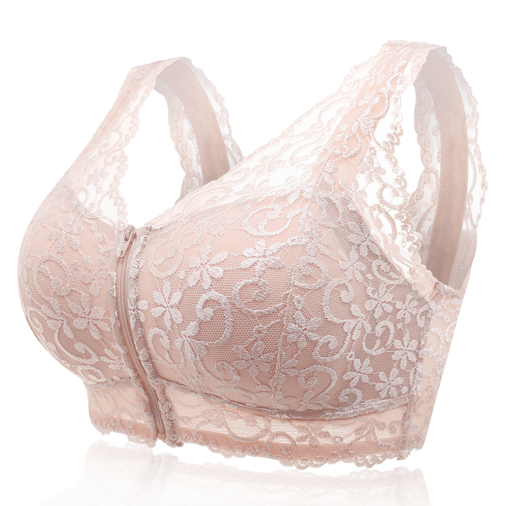 Front Zipper Lace Jacquard Comfy Breathable Wireless Padded Crop Bra