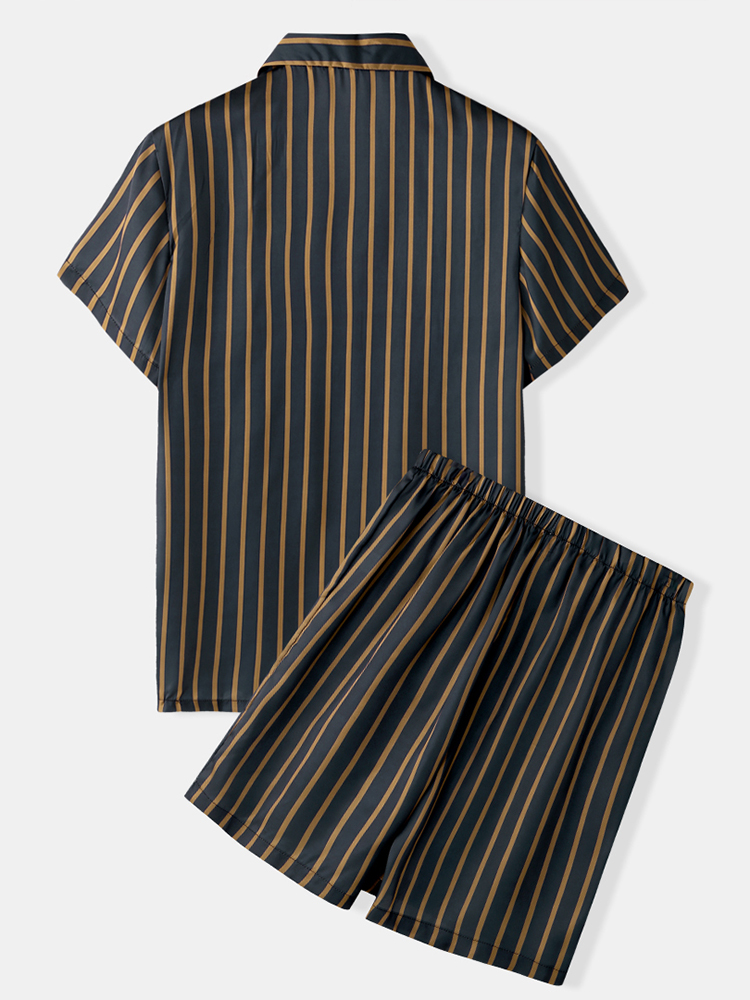 Men Stripe Print Turn Down Collar Breathable Short Sleeve Shirts Casual Shorts