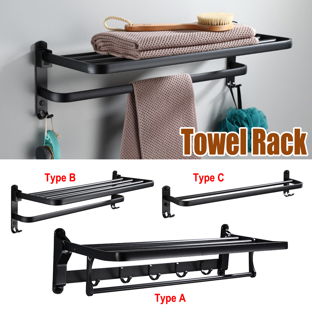 1 PCS Black towel rack space aluminum rack folding bathroom towel Shelf rack hotel hardware bathroom  50 / 60cm For Bathroom