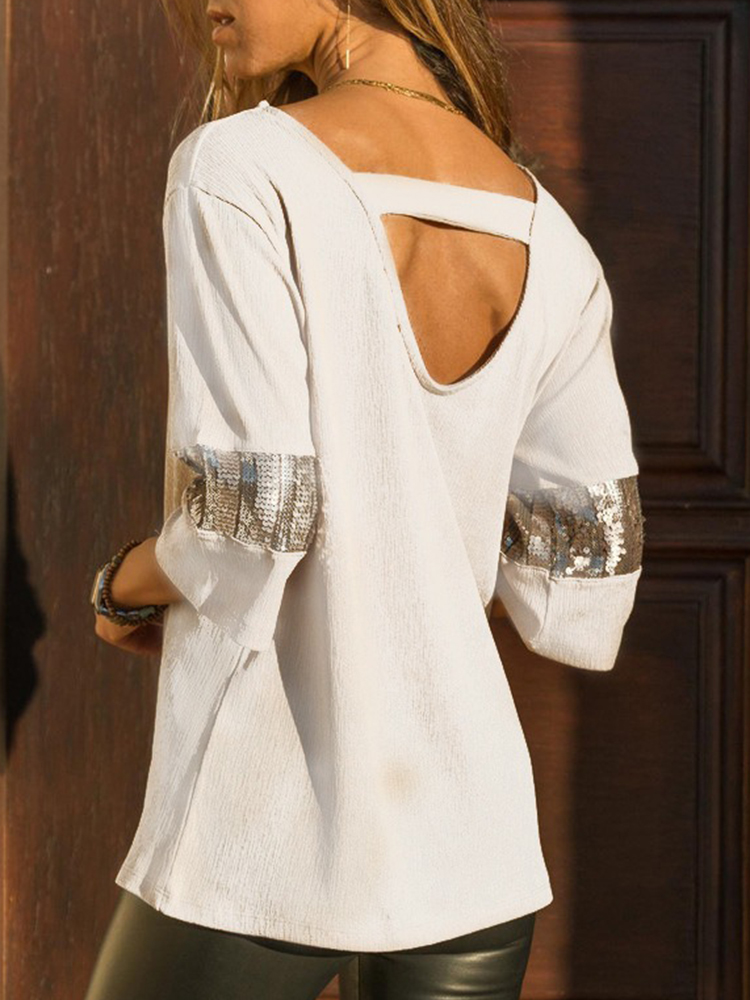 Casual Women Sequin Patchwork Backless 3/4 Sleeve Blouse