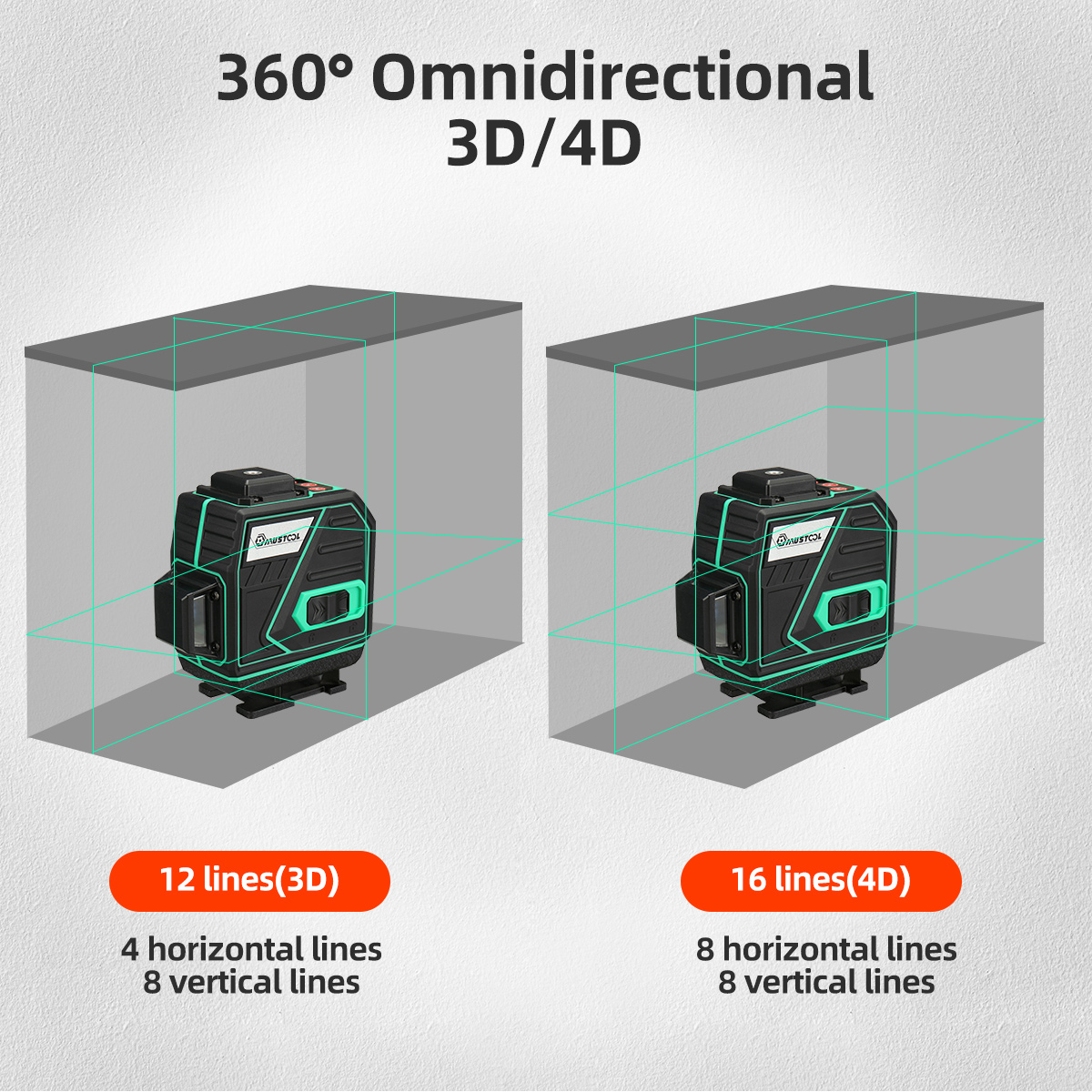MUSTOOL 12 Lines 3D 360° Laser Level Self Leveling Line Holder Tool Bracket Single/Double Batteries Optional