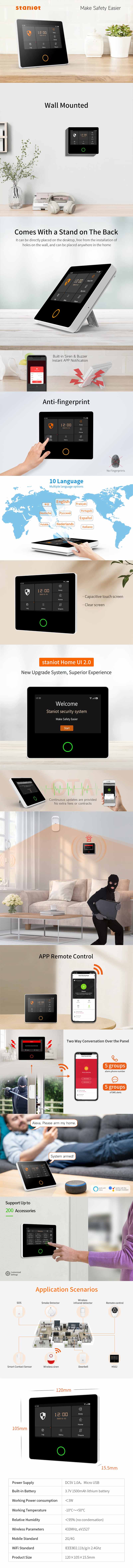 Staniot WiFi+4G Security System 4.3inch IPS Touch Screen Built-in Siren APP Remote Control Tuya Smart Home Burglar Alarm Kit Compatible with Alexa Google Assistant