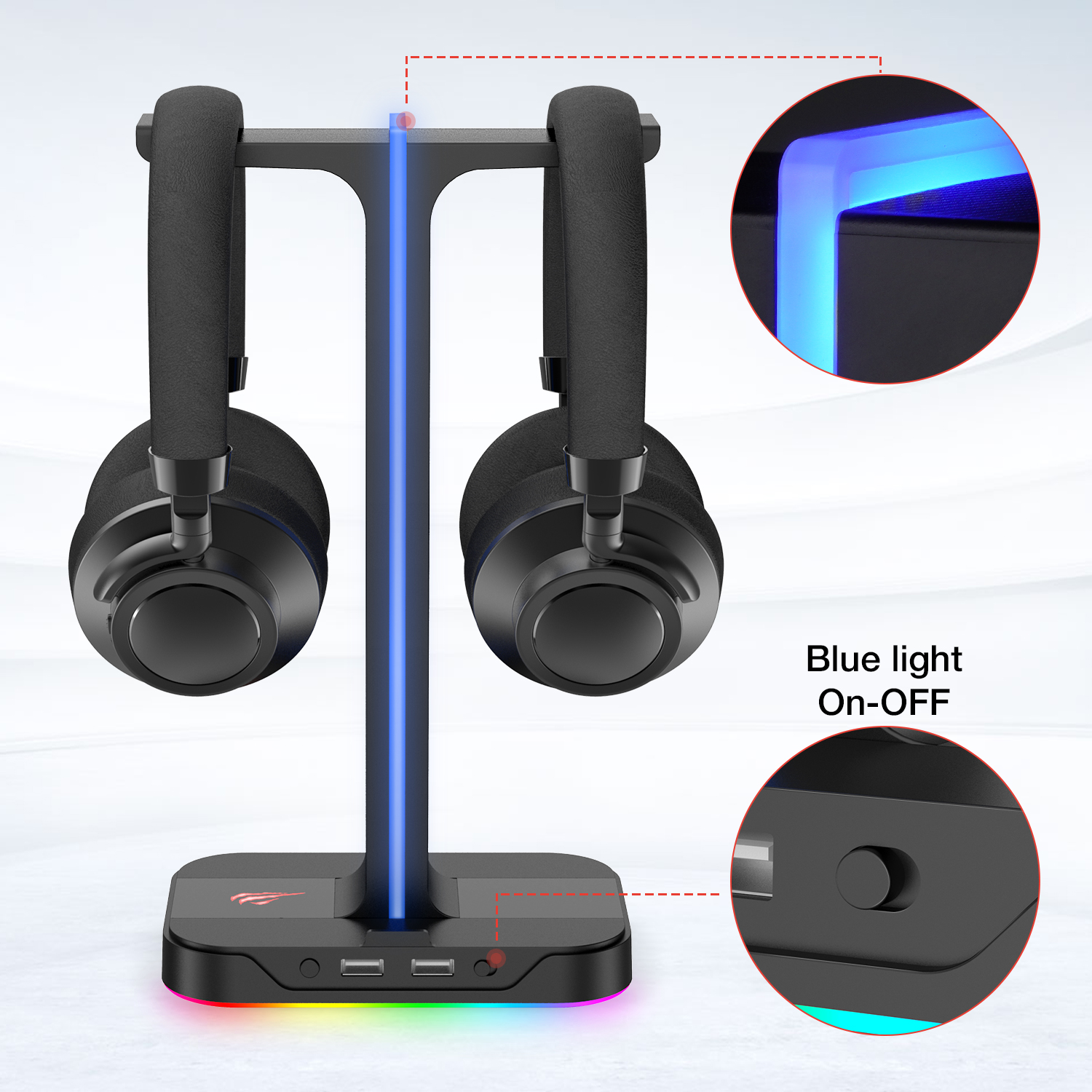 Havit TH650 RGB Gaming Headphone Stand Dual Headset Hanger Holder with Phone Holder & 2 USB Charger for Desktop PC Game Earphone