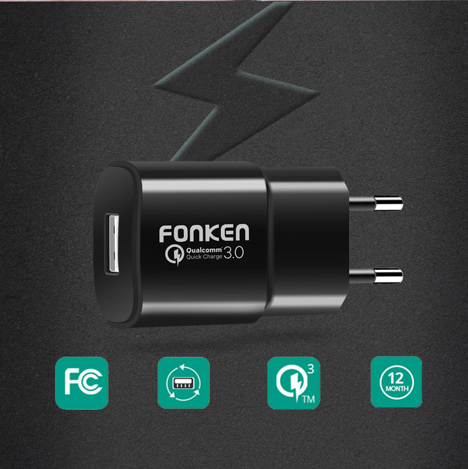 FONKEN 3A Quick Charging 3.0 USB Charger EU Plug Adapter For iPhone X XS Oneplus Pocophone HUAWEI P20 Mate20 MI9 S10 S10+