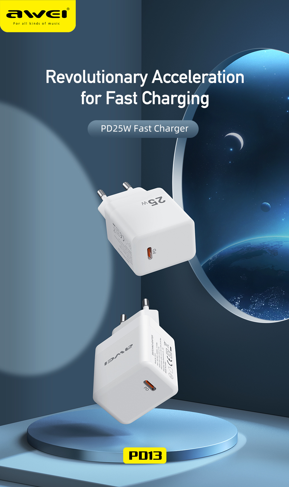 AWEI PD13 USB-C 25W PD Charger Support PPS Fast Charging Wall Charger Adapter EU Plug For iPhone 13 Pro Max 13 MIni For Xiaomi 12 Redmi K30 Pro For Samsung Galaxy S21 5G
