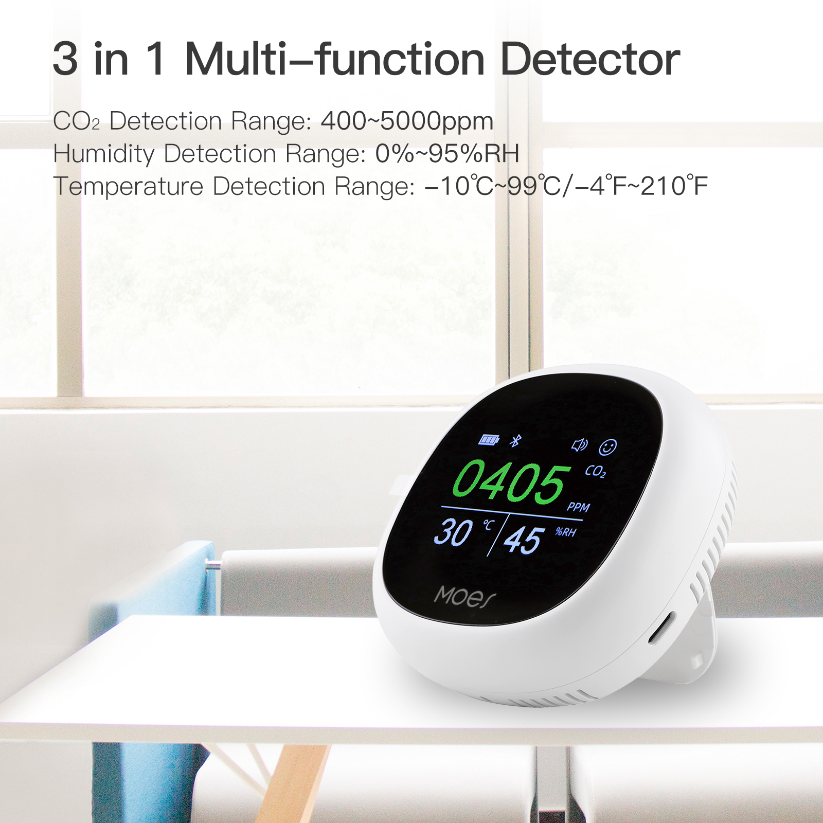 MoesHouse Tuya bluetooth 3 in 1 Multi-functional Air Monitor Temperature Humidity Carbon Dioxide Sensor with Alarm Clock for Home Safety Precaution Device