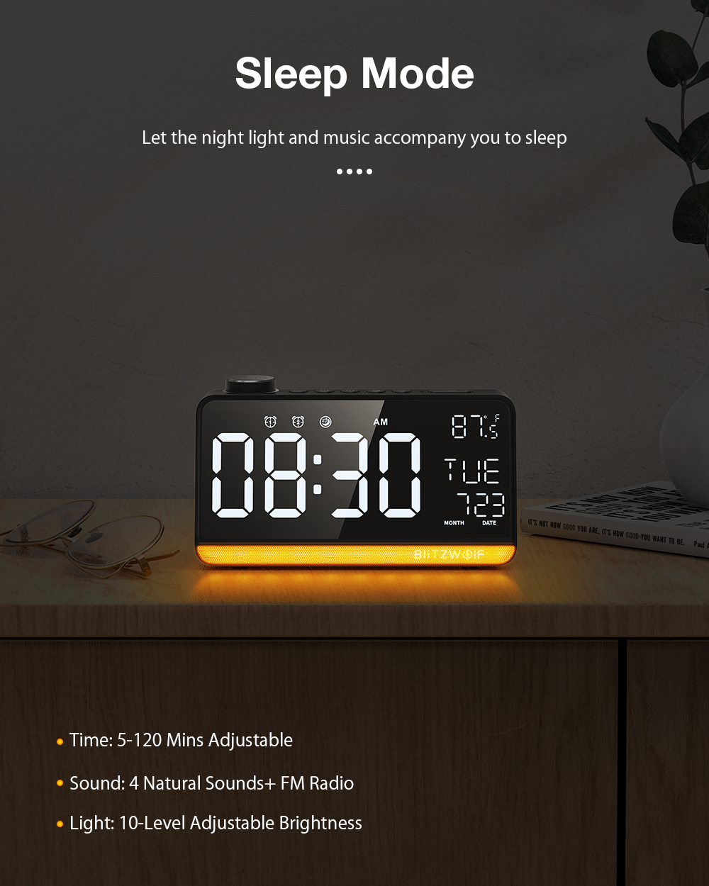 BlitzWolf BW-LAC1 Radio Digital Alarm Clock Night Light Large Display FM Radio Function Double Alarm Clock Temperature Display for Desk Decoration