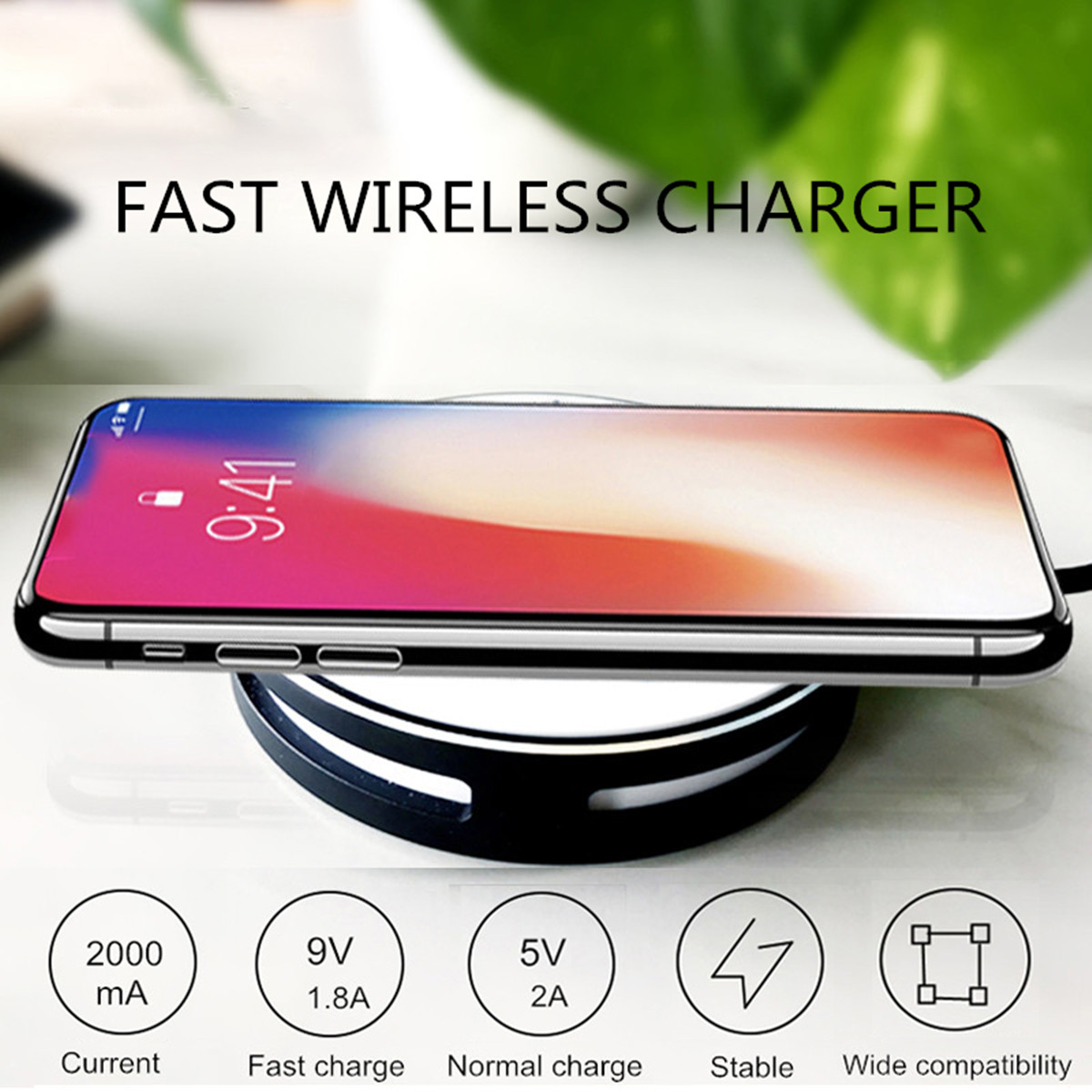 9V Qi Standard Wireless LED Fast Charger Desktop Pad for iPhone 8 X Plus S8 S9 Note 8