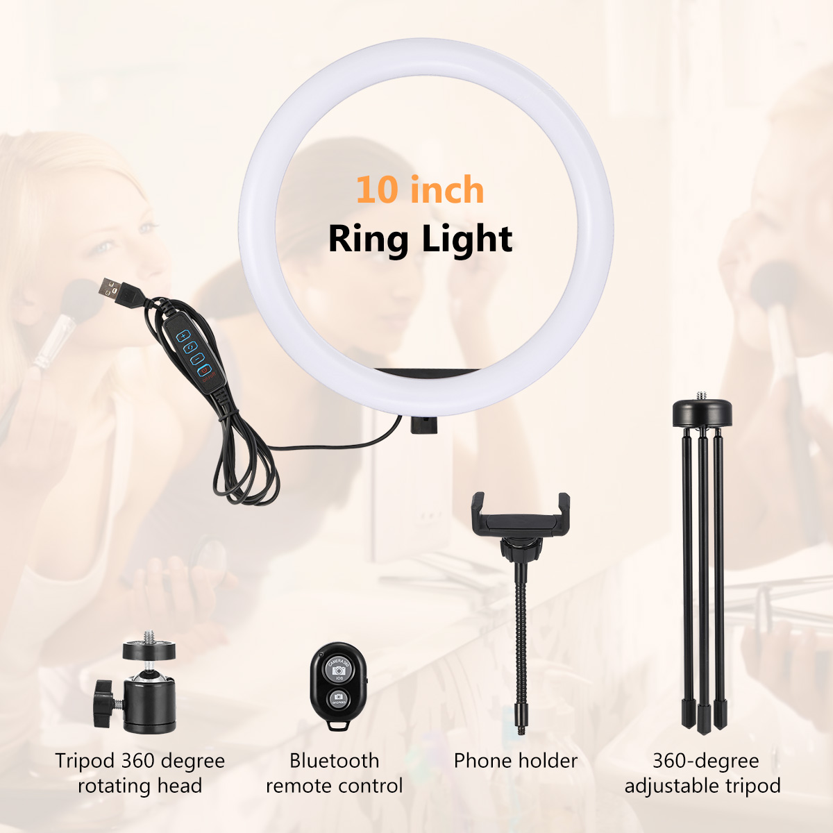 MOHOO 10 inch 3 Color Modes 10 Brightness Levels USB Video Light with 360 Degree Rotation Head Tripod for Tik Tok Youtube Live Streaming