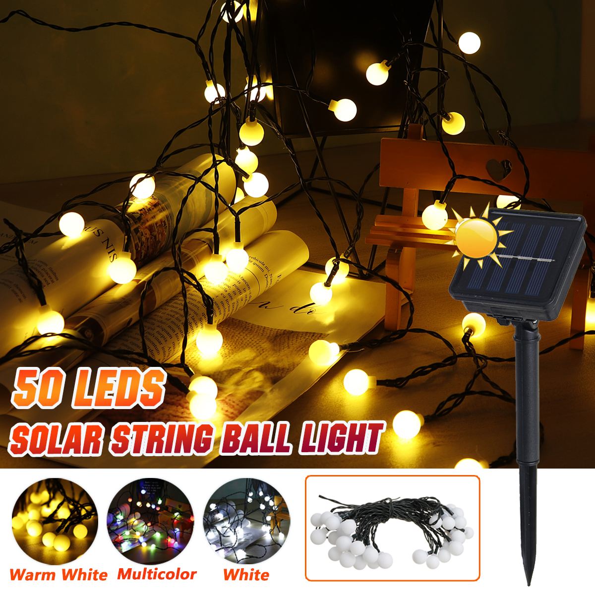 9.5M 50LED Solar String Ball Lights Garden Decorative Lamp Outdoor Waterproof IP65