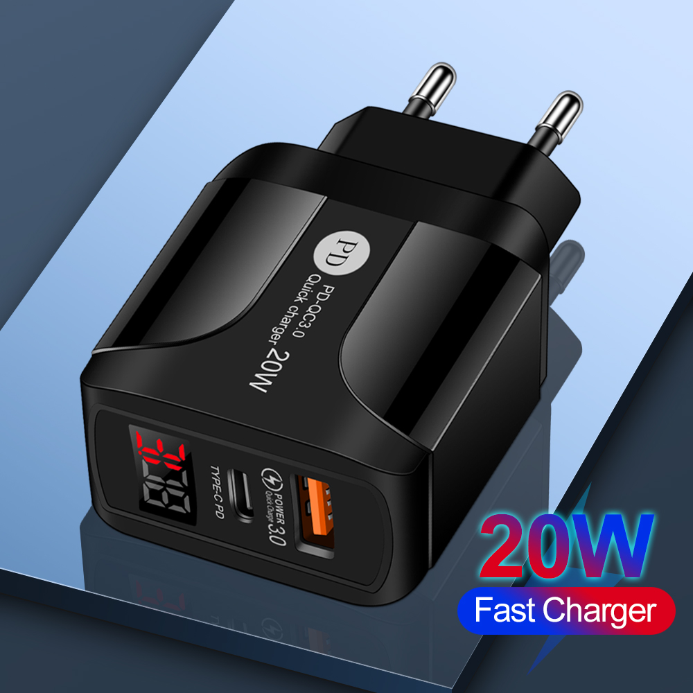 20W USB+PD Quick Charger Power Adapter with Digital Display for Tablet Smartphone