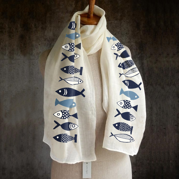 Women Solid Color Fishes Printing Pattern Linen Long Scarf Shawl Wrap Multi-purpose Elegant Neck Wrap Warm Scarf