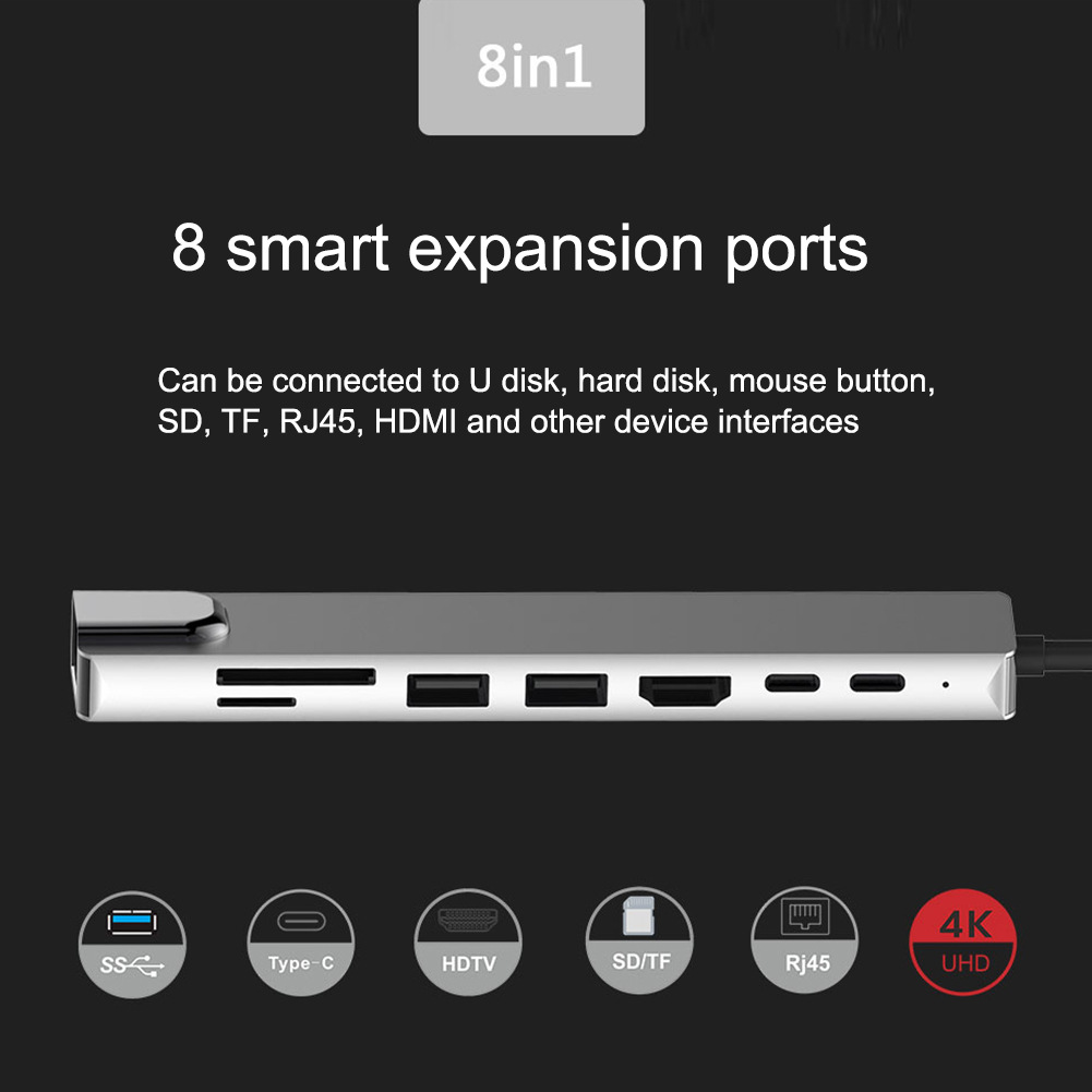 Bakeey PB-C7366 8-in-1 USB-C Hub Docking Station Adapter With 4K HDMI HD Display / 87W USB-C PD3.0 Power Delivery / USB-C Data Transmission / 2 * USB 3.0 / RJ45 Ethernet / Memory Card Readers