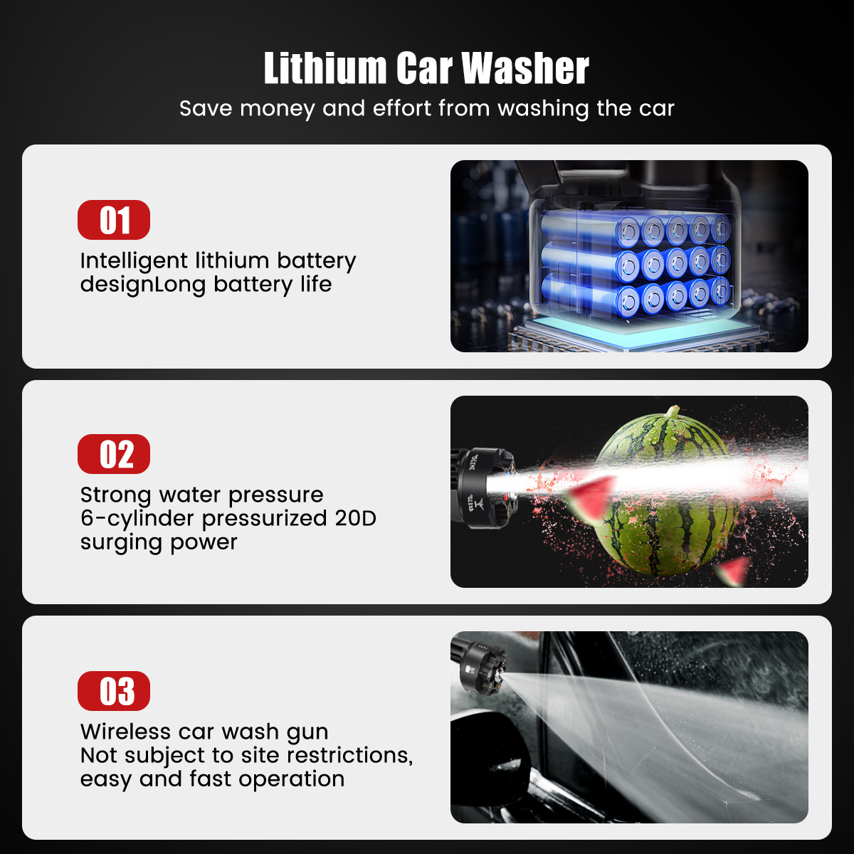 AUTSOME 15000mAh 755Motor Cordless High Pressure Car Washer Spray Water Pump Portable Car Wash Pressure Cleaner Cleaning Machine