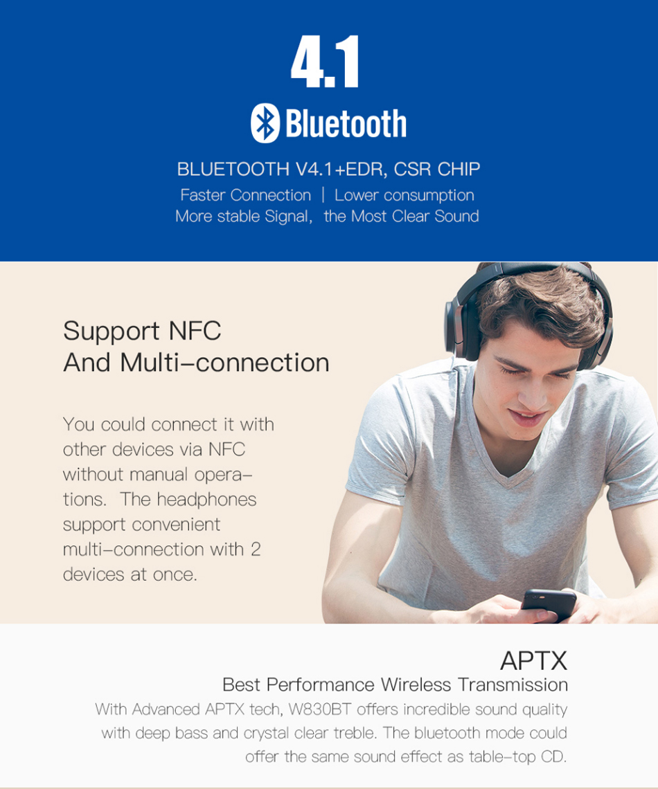 Edifier W830BT Bluetooth 4.1 Wireless HIFI Noise Isolation Headphone Support NFC Apt-X AUX