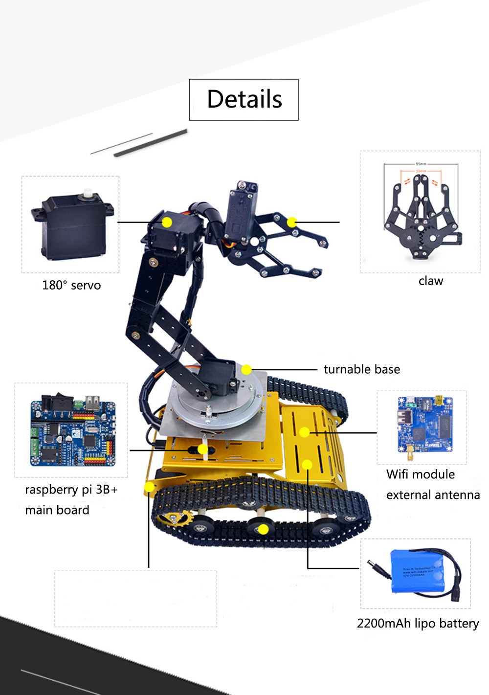 XIAO R Avatar Raspberry Pi 3B+ DIY 6DOF Metal RC Robot Arm Car Programmable APP PS2 Handle Control 21