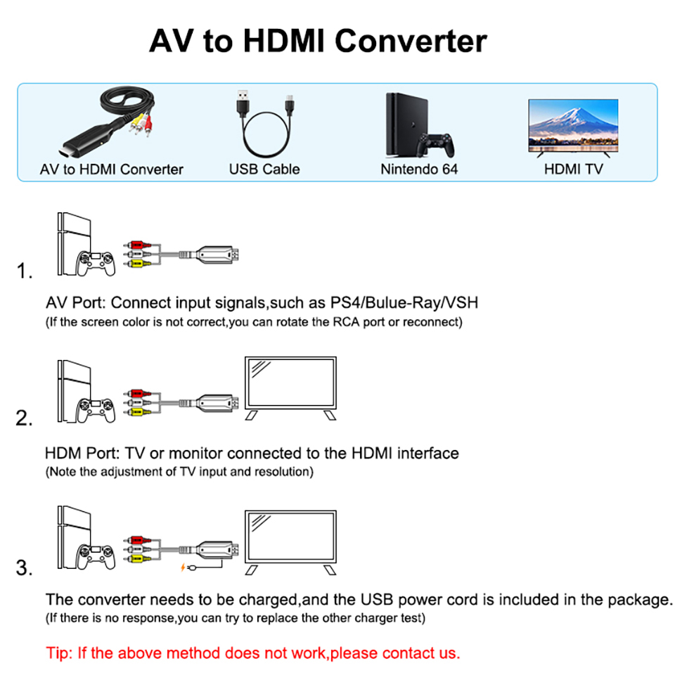 AV to HDMI Converter HDMI 1080P 720P for set-top box computer to TV cable three-color RCA Male Cable length 1m/3.2ft