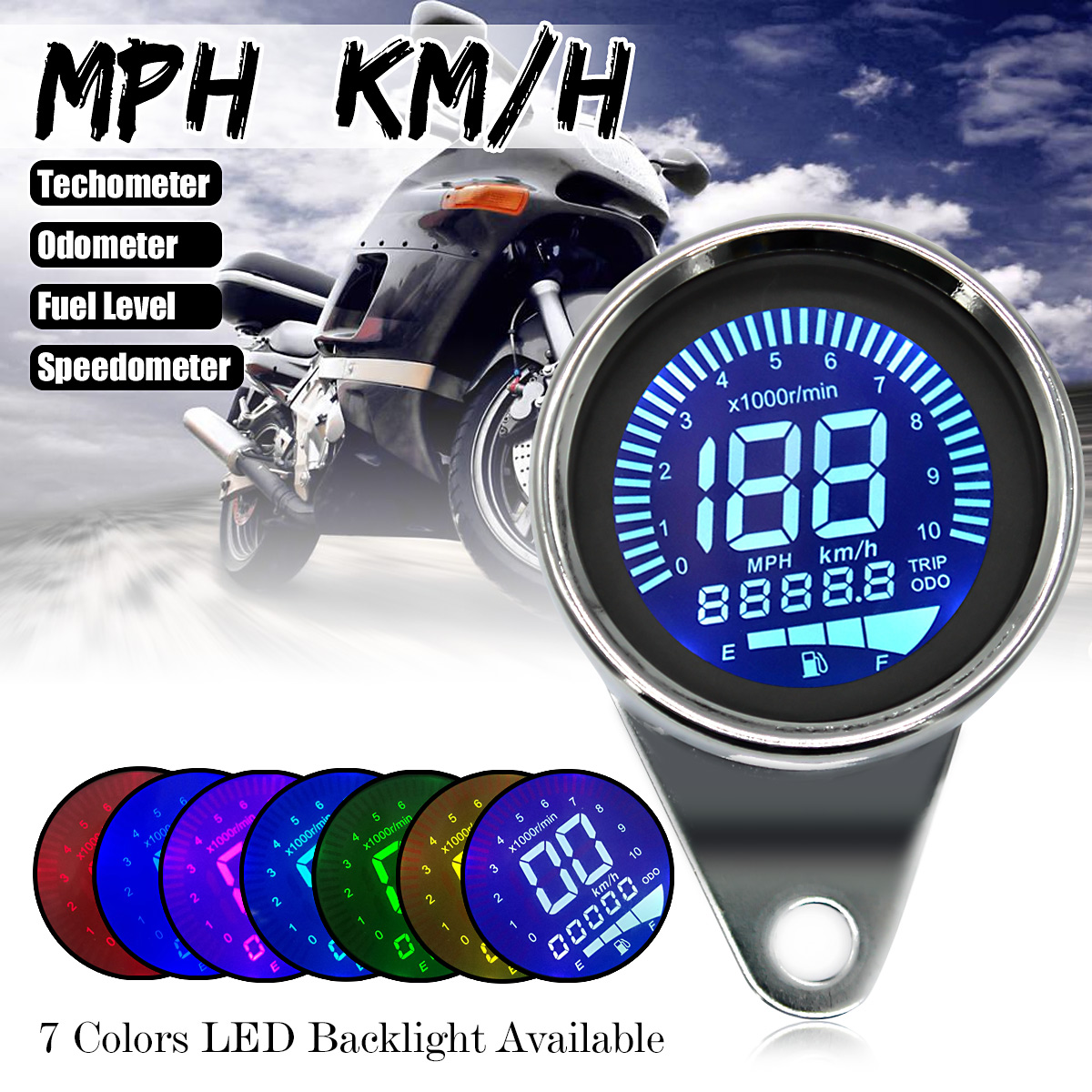 Universal LCD Digital MPH KM//H Motorcycle Odometer Speedometer Tachometer Gauge