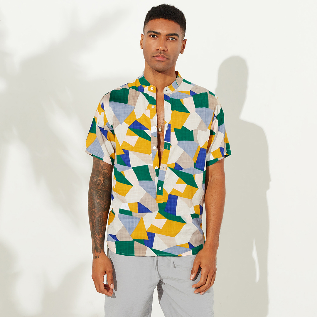 Mens Summer Fashion Casual Loose Color Blocks Printing Shirt