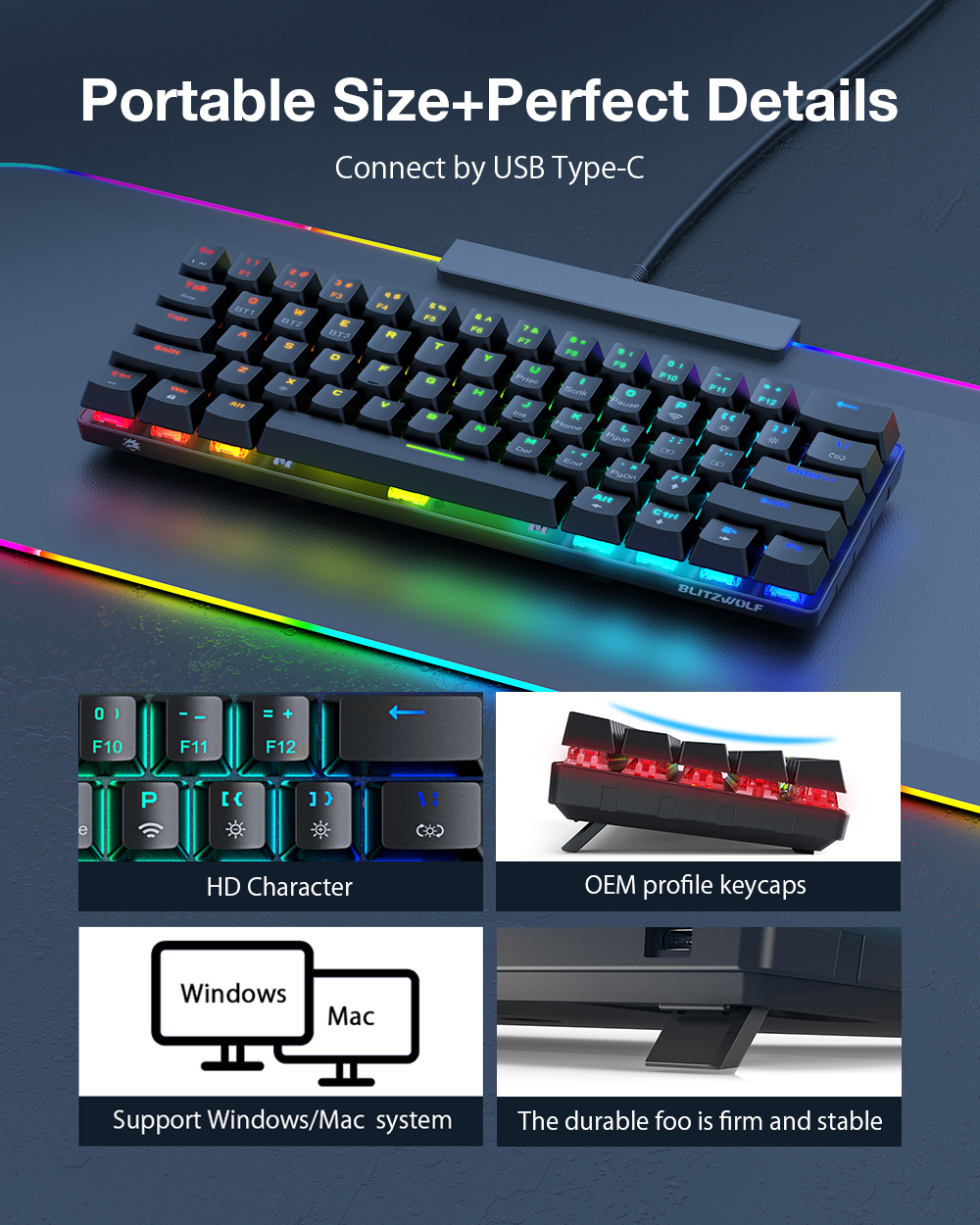 BlitzWolf BW-KB0 61 Keys bluetooth 5.0 RGB Mechanical Keyboard Hot Swappable Wired Dual Mode 60% Gaming Keyboard With Software For Mac/Win