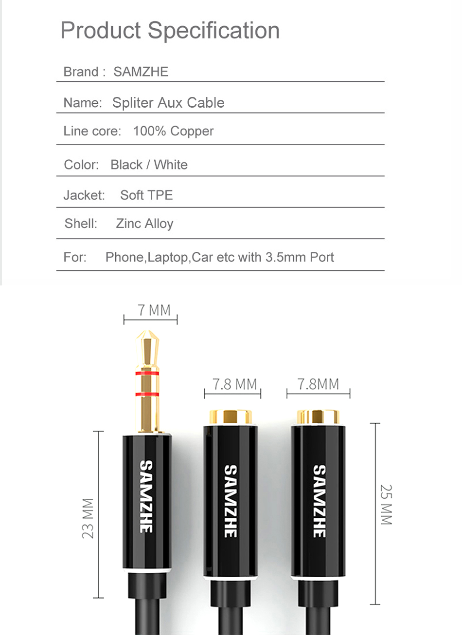 SAMZHE Earphone Splitter 3.5mm Jack Stereo Audio Cable Adapter Male to 2 Female Y-splitter Earphone Extension Cords For Phone Laptop