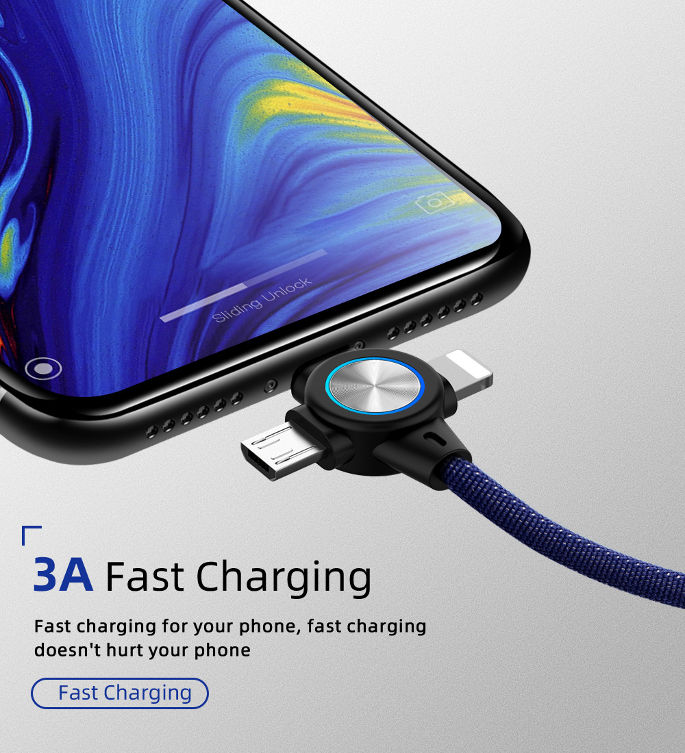 3A USB-A for Lightning/Type-C/Micro USB Cable Fast Charging Data Transmission Copper Core Line 1M Long for iPhone14 14 Pro 14Pro Max for Huawei Mate50 for Xiaomi Mi13 for OPPO Reno9 for ViVo Y70s