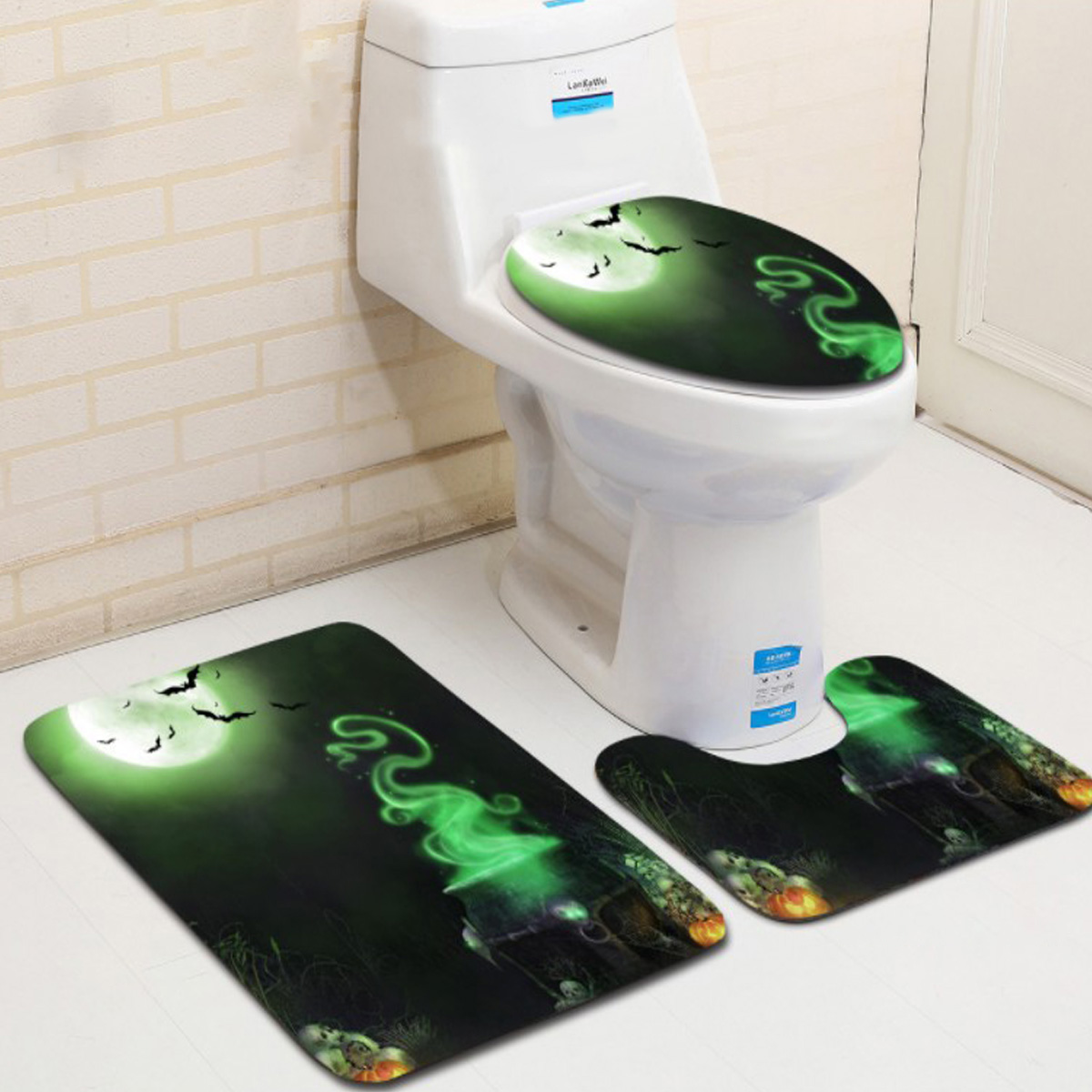 

3PCS Halloween Print Bathroom Non-Slip Pedestal U-shape Rug Lid Toilet Seat Covers Bath Mat