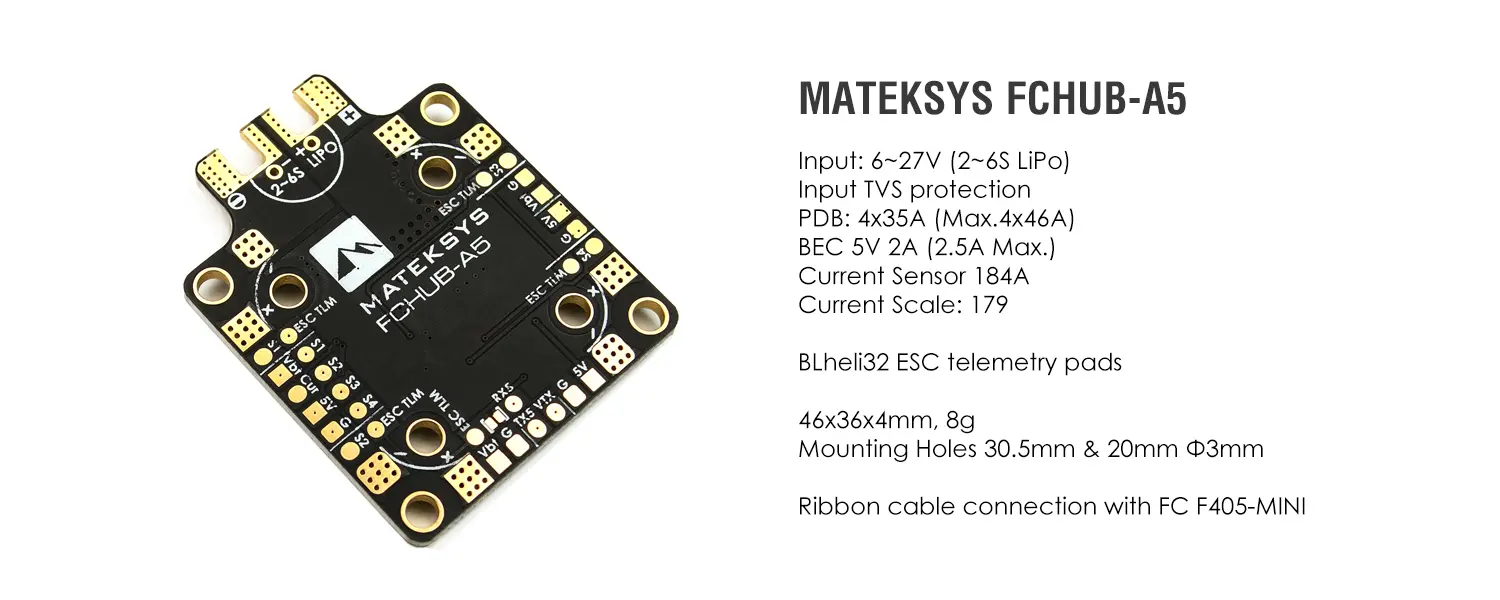 Matek Sistemi FCHUB A5 PDB Sensore di Corrente Incorporato 184A 5V 2A BEC 2-6S