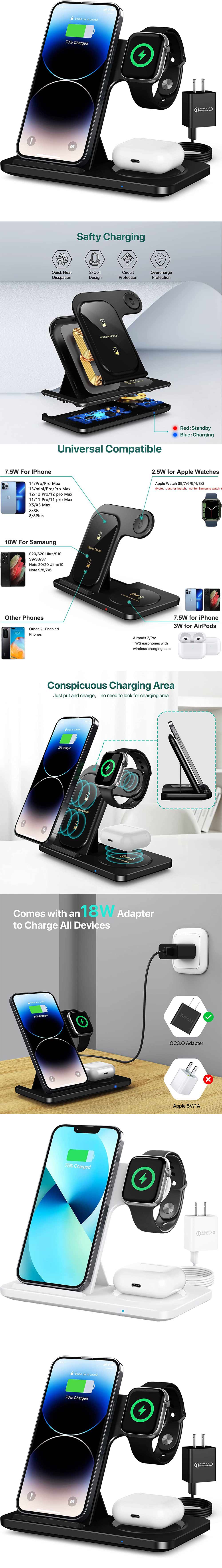 3-in-1 15W 10W 7.5W 5W 2.5W Wireless Charger Fast Wireless Charging Pad for iPhone 14 13 12 11 Pro XS XR for Apple Watch for Airpods