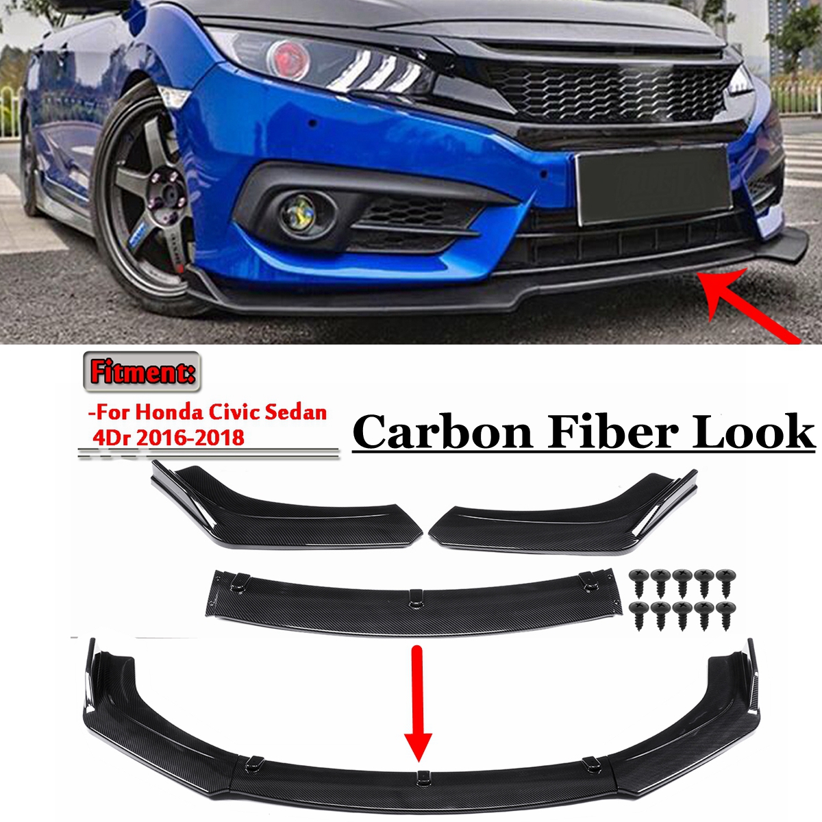 3Pcs Front Bumper Lip Body Spoiler Kit Carbon Fiber Style For Honda Civic Sedan 2016-2018
