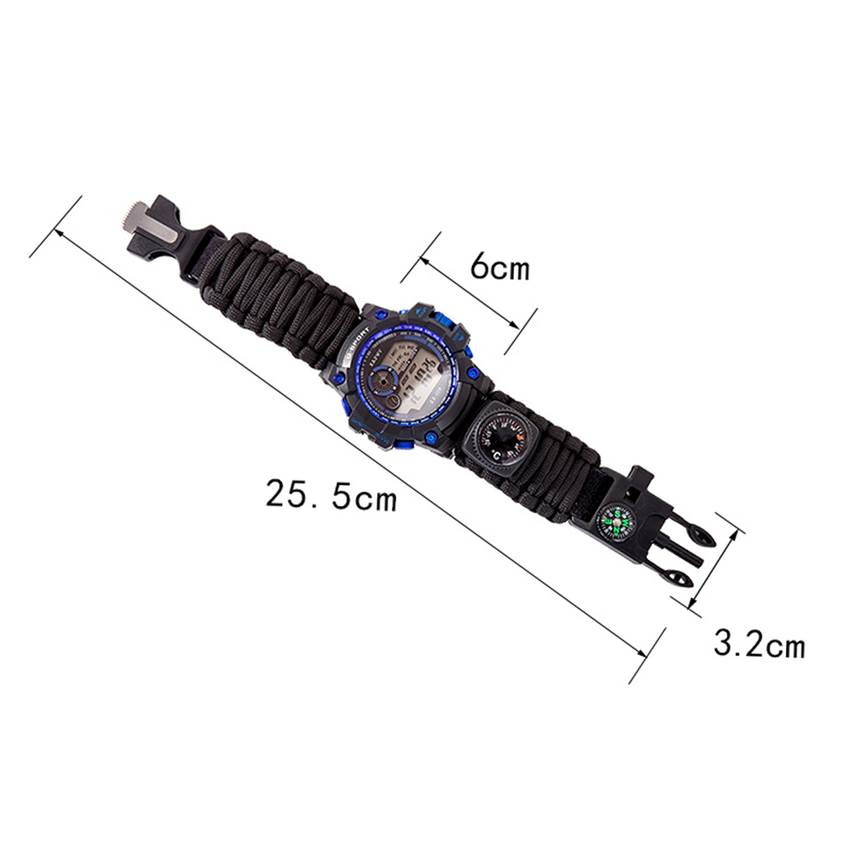 7 In 1 Survival Watch Camping Multifunctional Compass Date Alarm Paracord Bracelet LED Backlight Gadget EDC Tool
