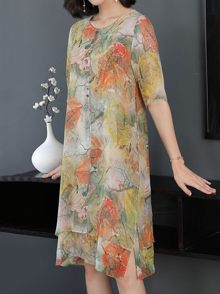 Elegant Floral Print O-neck Loose Layered Silk Vintage Dress