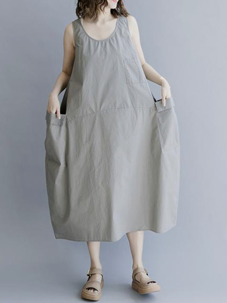 Women Retro Cotton Sleeveless Round Neck Baggy Long Maxi Tank Dress