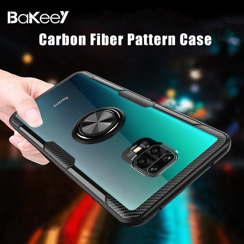 Bakeey for Xiaomi Redmi Note 9S / Redmi Note 9 Pro / Redmi Note 9 Pro Max Case Carbon Fiber Pattern 360° Rotation Adjustable Magnetic Ring Holder Shockproof Transparent Protective Case Non-original