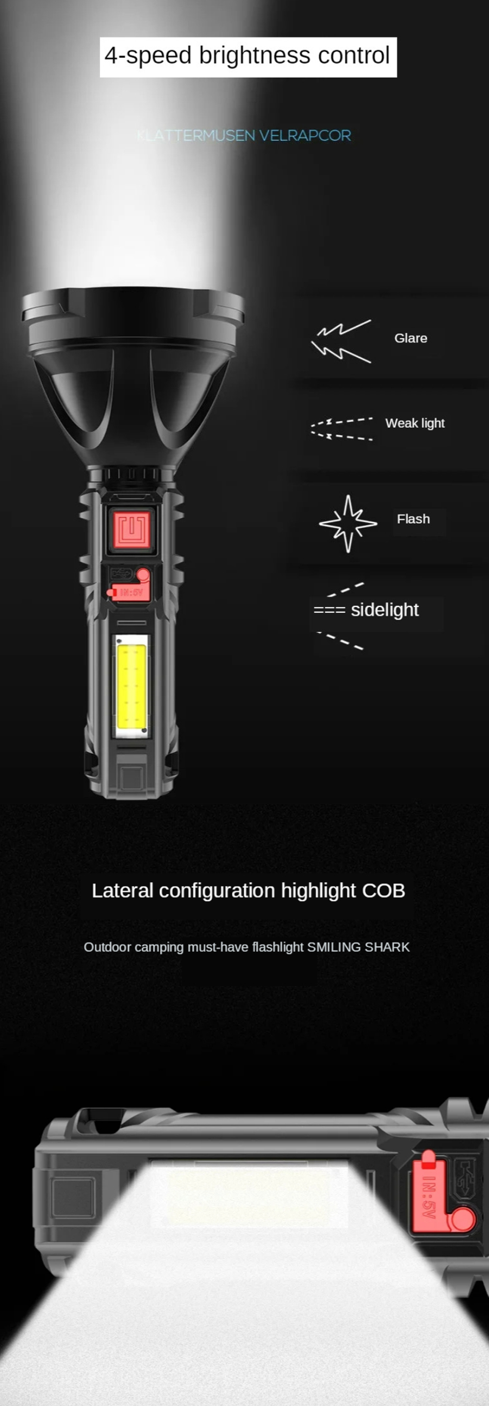 BIKIGHT 2000lm Long Shoot Strong OSL Flashlight with COB Sidelight USB Rechargeable Portable LED Torch Powerful Spotlight Come with 18650 Battery USB Cable